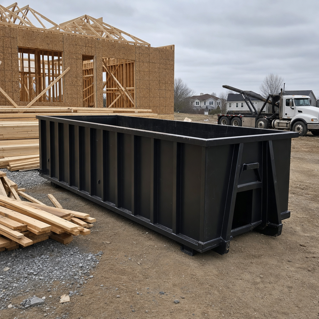 Matte-black 40-yard roll-off dumpster staged on a framed-out residential construction site in Champaign, framing lumber stacked nearby, hooklift delivery truck visible in the background under bright Colorado daylight