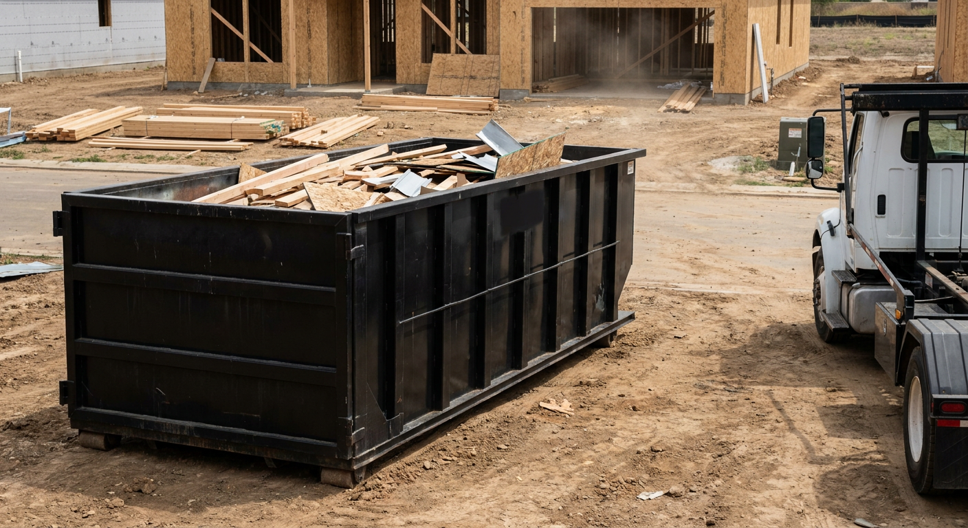 Matte-black 20-yard roll-off construction dumpster with heavy ribbed steel sidewalls and swing rear doors at a working jobsite in Champaign, sitting directly on compacted dirt with an unmarked white hauler partially visible at the far edge of the frame.