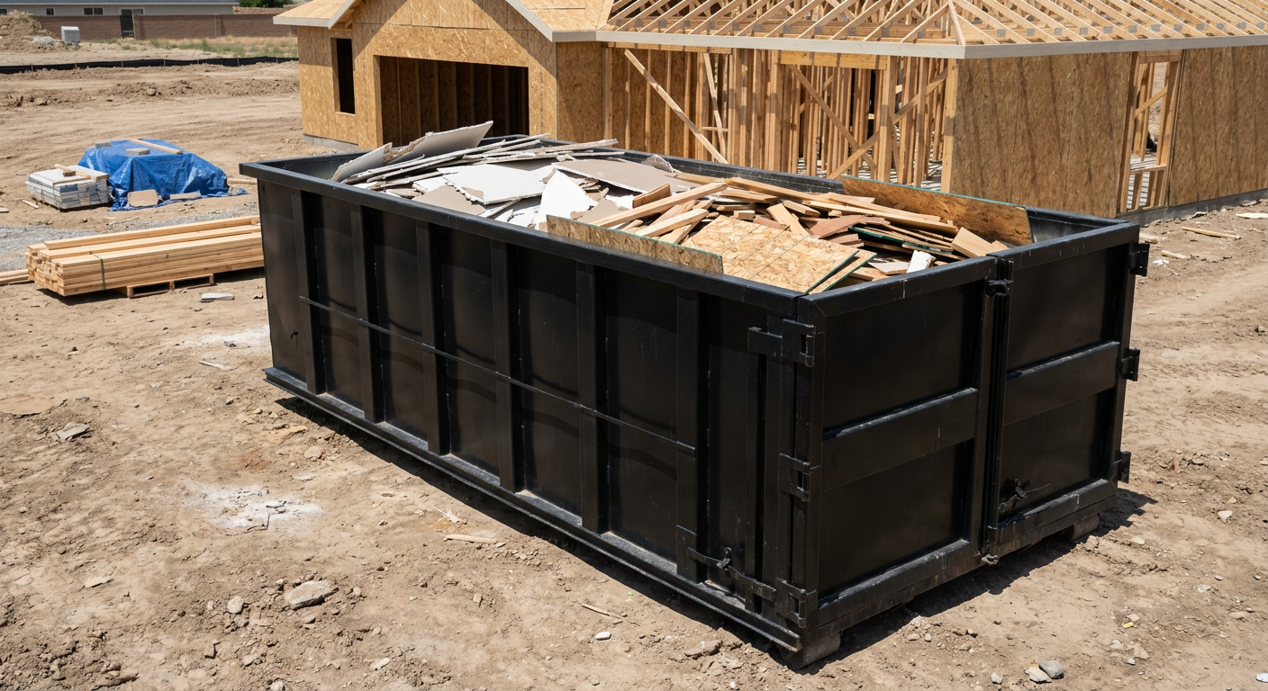 Matte-black 30-yard roll-off construction dumpster sitting directly on the compacted-dirt site of a framed single-family home build in Champaign, drywall and lumber scrap loaded inside.