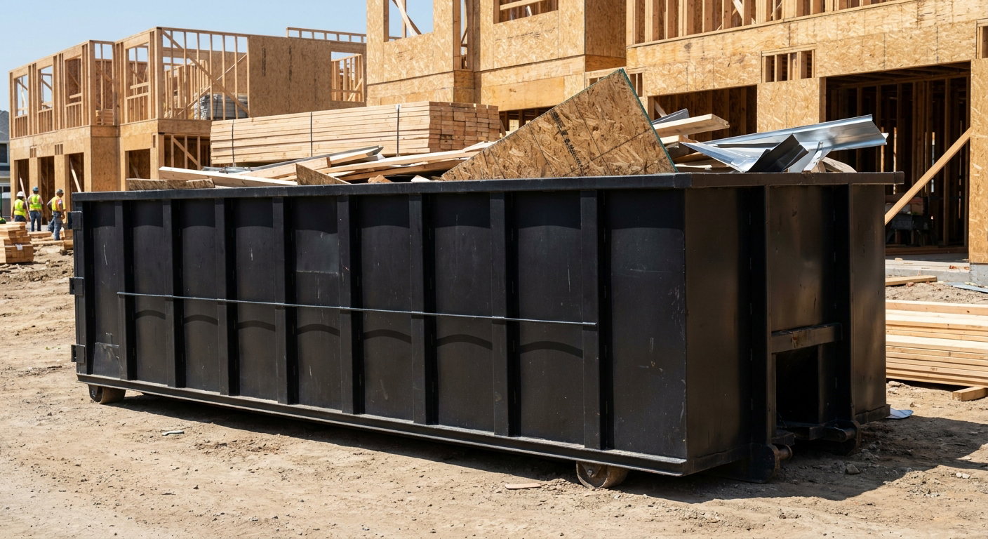 Matte-black 40-yard roll-off construction dumpster being lowered from a white-cab hooklift delivery truck onto the compacted-dirt jobsite at a commercial build site in Champaign