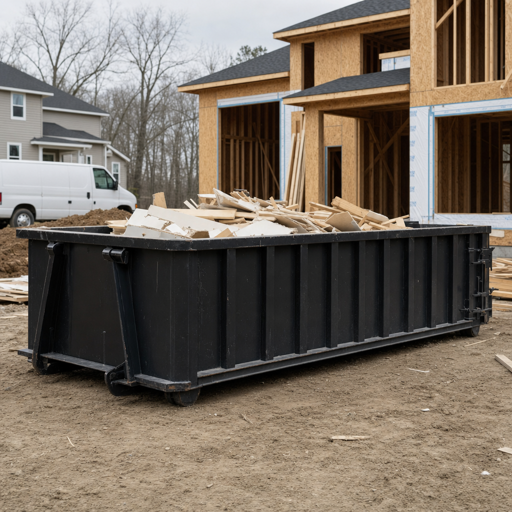 Worker in a yellow high-visibility vest tossing framing lumber and broken drywall into a matte-black 30-yard construction roll-off dumpster on an active build site in Champaign, bright daylight