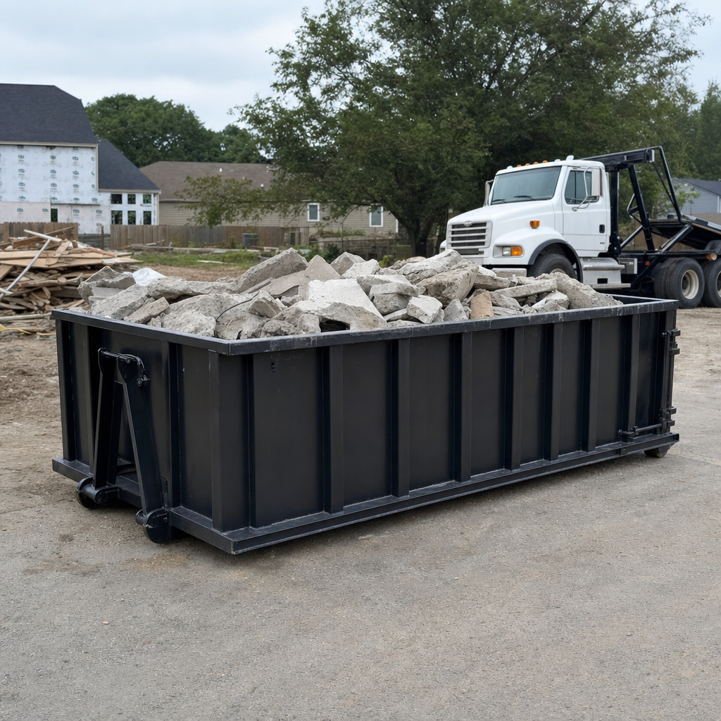 Low-profile matte-black lowboy roll-off dumpster loaded with broken concrete slab and rebar at a foundation tear-out in Champaign, skid steer parked beside it, sunny Colorado morning