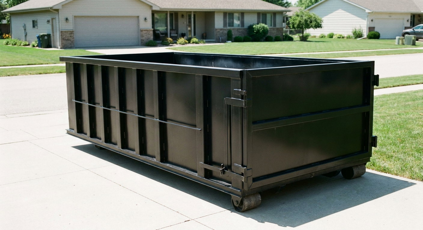 Matte-black 10-yard roll-off dumpster on a residential concrete driveway in Champaign, uniformly painted matte black across every panel and rail, ribbed steel sidewalls and rear swing door visible, mid-day daylight.
