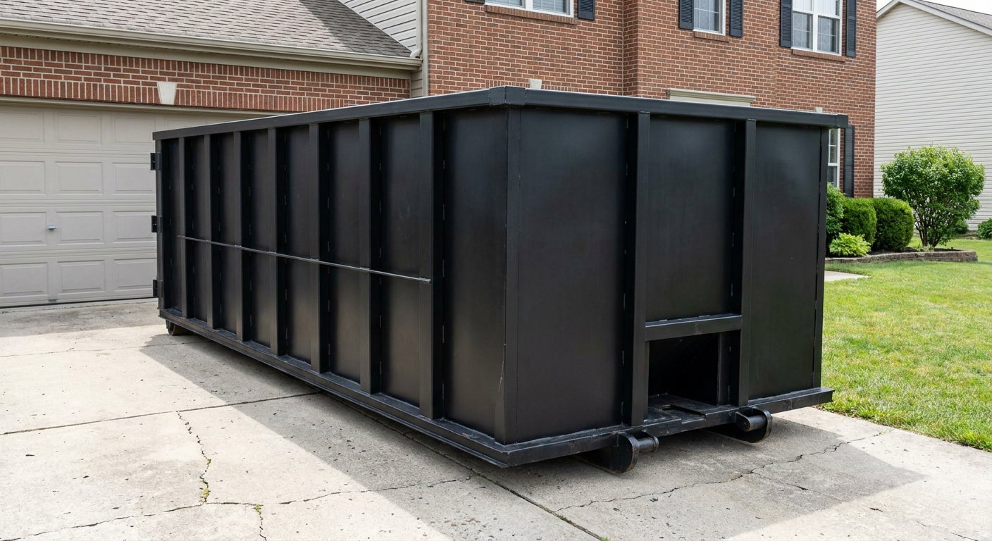 Matte-black 20-yard roll-off container on a Champaign residential concrete driveway with reinforced ribbed steel sidewalls and a hinged rear walk-in door, clean bright daylight.