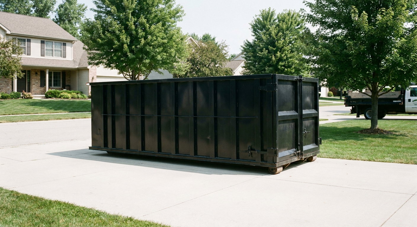 Matte-black 20-yard roll-off dumpster sitting level on a clean Champaign residential concrete driveway under bright daylight, demonstrating clean placement directly on the concrete.