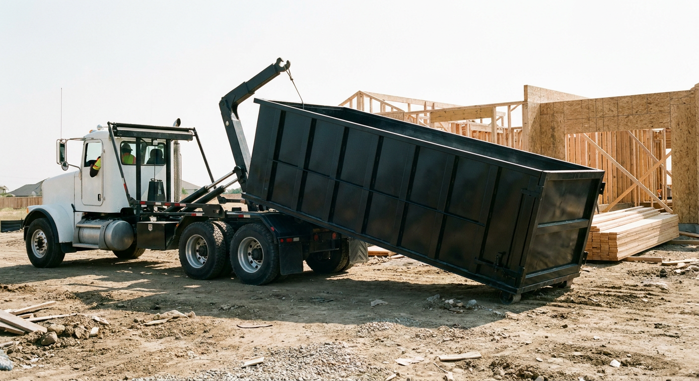 Matte-black roll-off dumpster being delivered onto a clean residential concrete driveway in Champaign by an unmarked white hooklift hauler truck, bright morning daylight, documentary 35mm perspective.