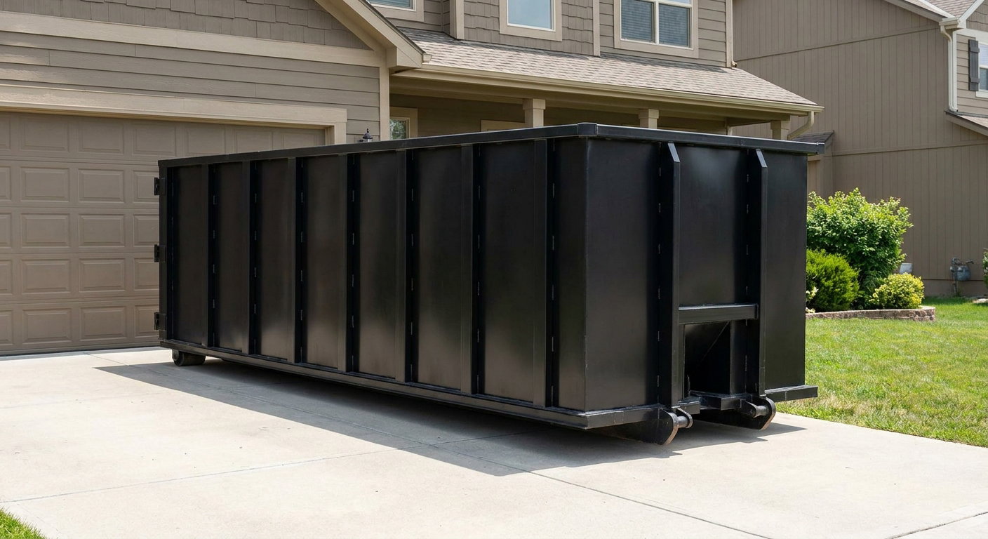 Matte-black residential roll-off dumpster sitting directly on a suburban Champaign concrete driveway, garage door closed, single-family home in background, bright morning daylight.