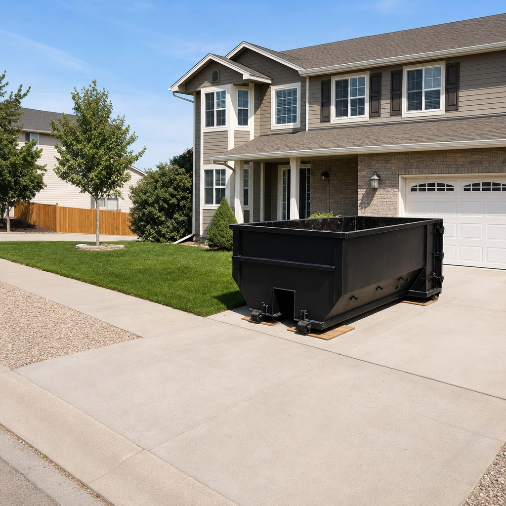 10-yard matte-black residential dumpster placed directly on a narrow Champaign concrete driveway, room remains for a parked sedan beside it, mid-morning natural light