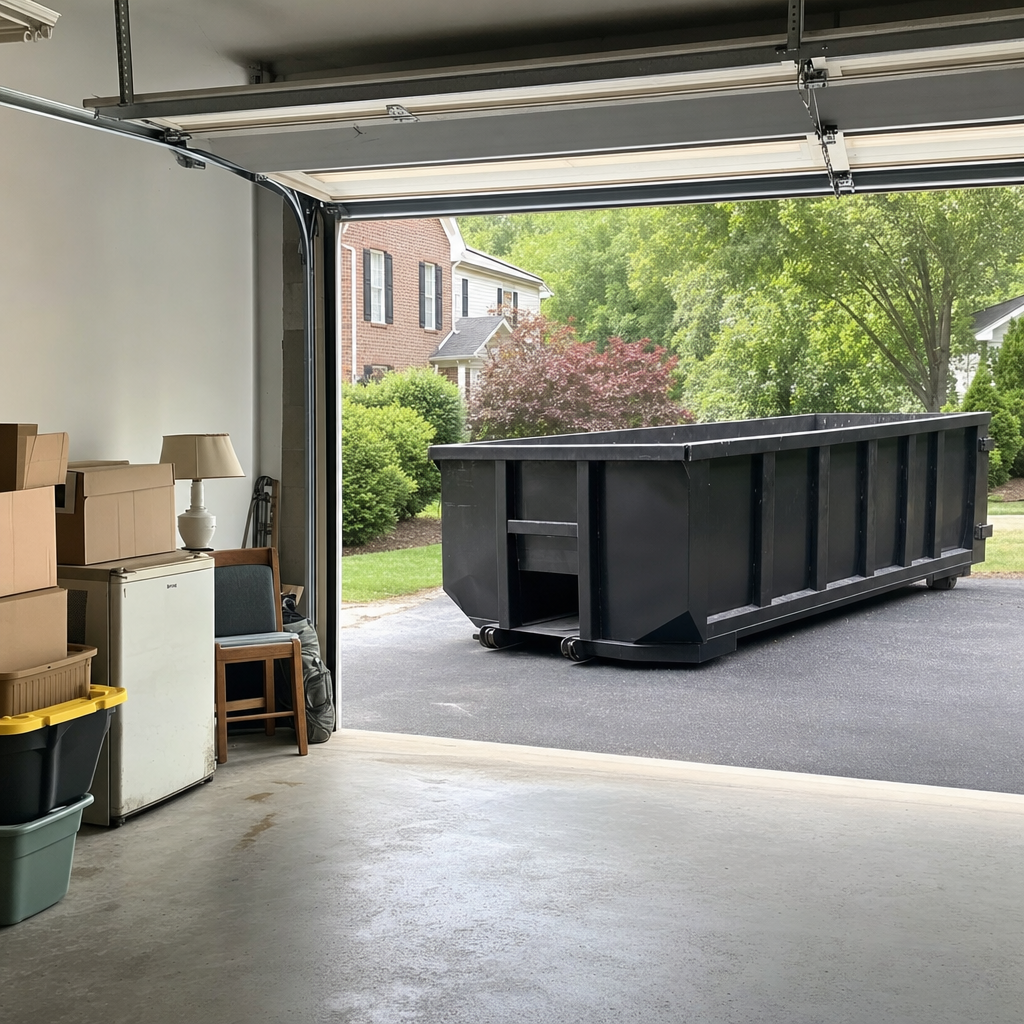 Open garage interior in a Champaign home mid-cleanout — boxed items, an old appliance, and stacked yard tools queued near the driveway for a matte-black roll-off dumpster, organized and calm