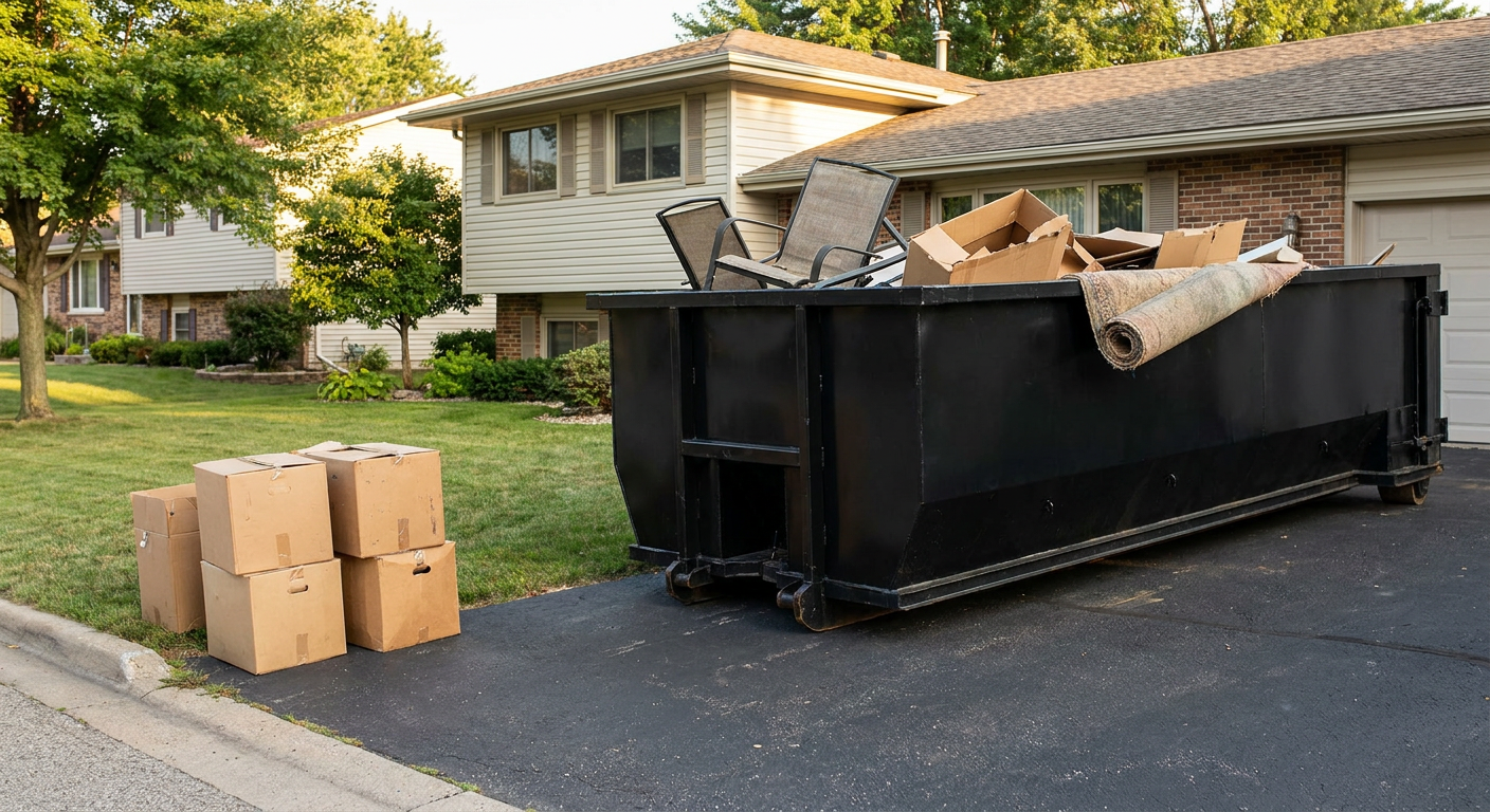 Front-yard view of a Champaign split-level home with a 20-yard matte-black roll-off dumpster sitting directly on the asphalt driveway, a few clearly labeled donation boxes staged at the curb, calm sunny afternoon.