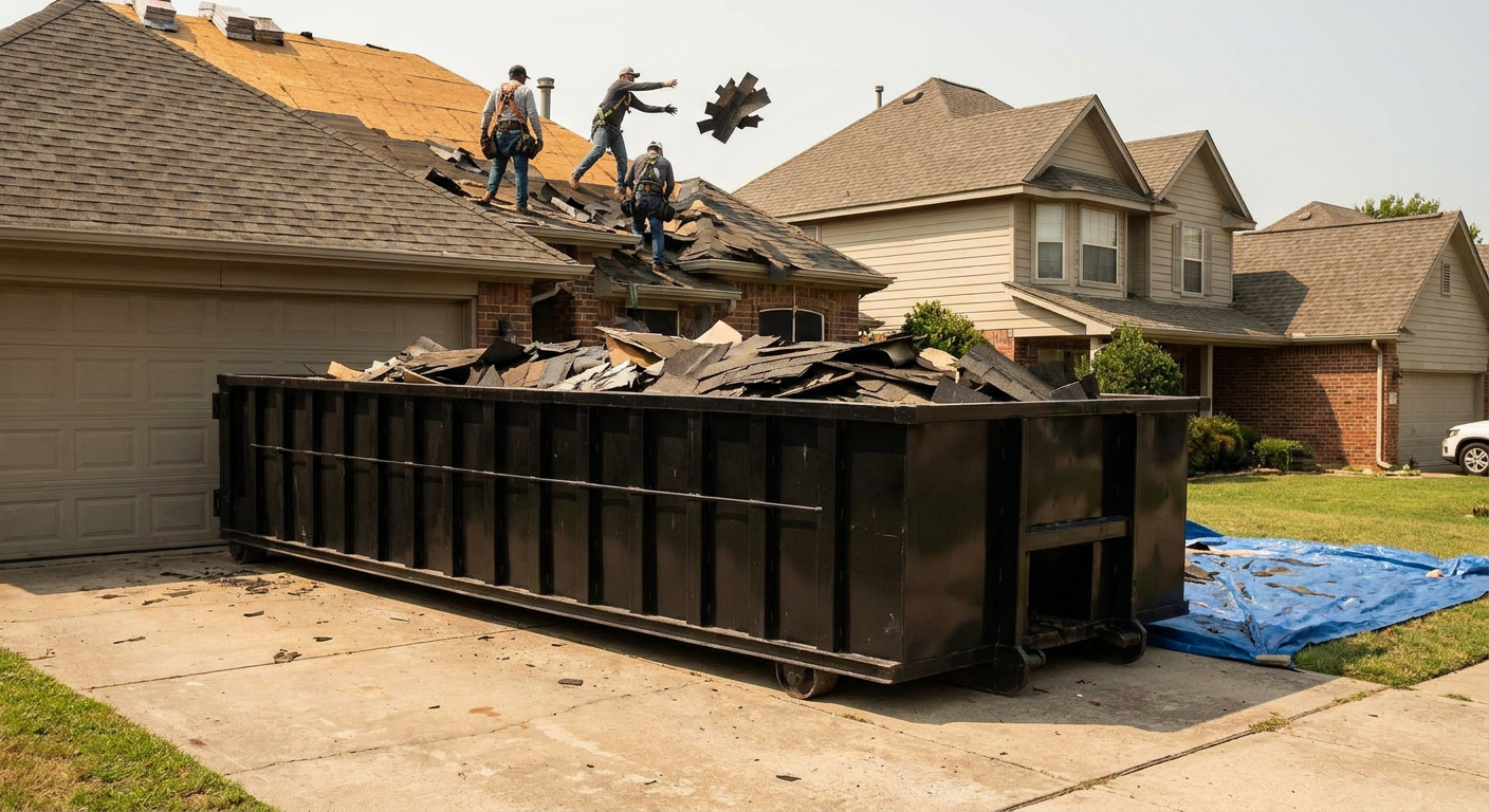 Matte-black roofing roll-off dumpster placed directly on a Champaign residential concrete driveway, a tear-off crew on a two-story asphalt-shingle roof tossing shingle bundles into the low-walled container, bright daylight, documentary 35mm perspective.