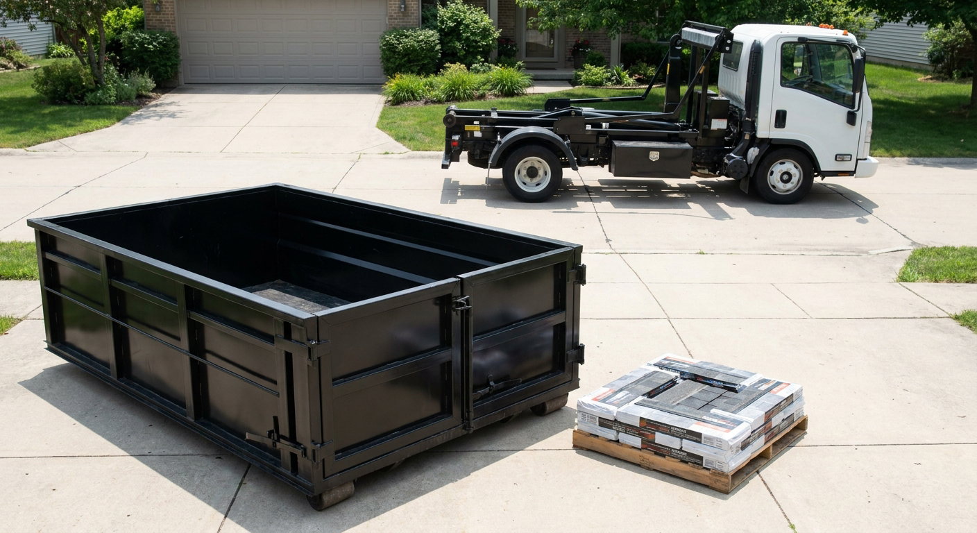 Matte-black 15-yard roofing roll-off dumpster with reinforced low side walls sitting directly on a Champaign residential concrete driveway, three-tab asphalt shingle bundles stacked nearby, an unmarked white hauler truck partially visible at the edge of the frame.