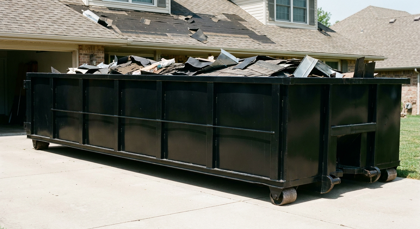 Matte-black 20-yard roofing roll-off dumpster with steel ribbed sides and swinging rear door, sitting directly on the concrete driveway of a two-story Champaign home, asphalt shingle debris being loaded over the low wall, clean documentary lighting.