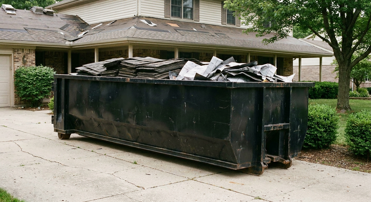 Matte-black 30-yard roofing roll-off dumpster sitting directly on a Champaign concrete driveway, taller ribbed steel side panels, mixed tear-off debris of asphalt shingles and underlayment inside, professional documentary daylight.