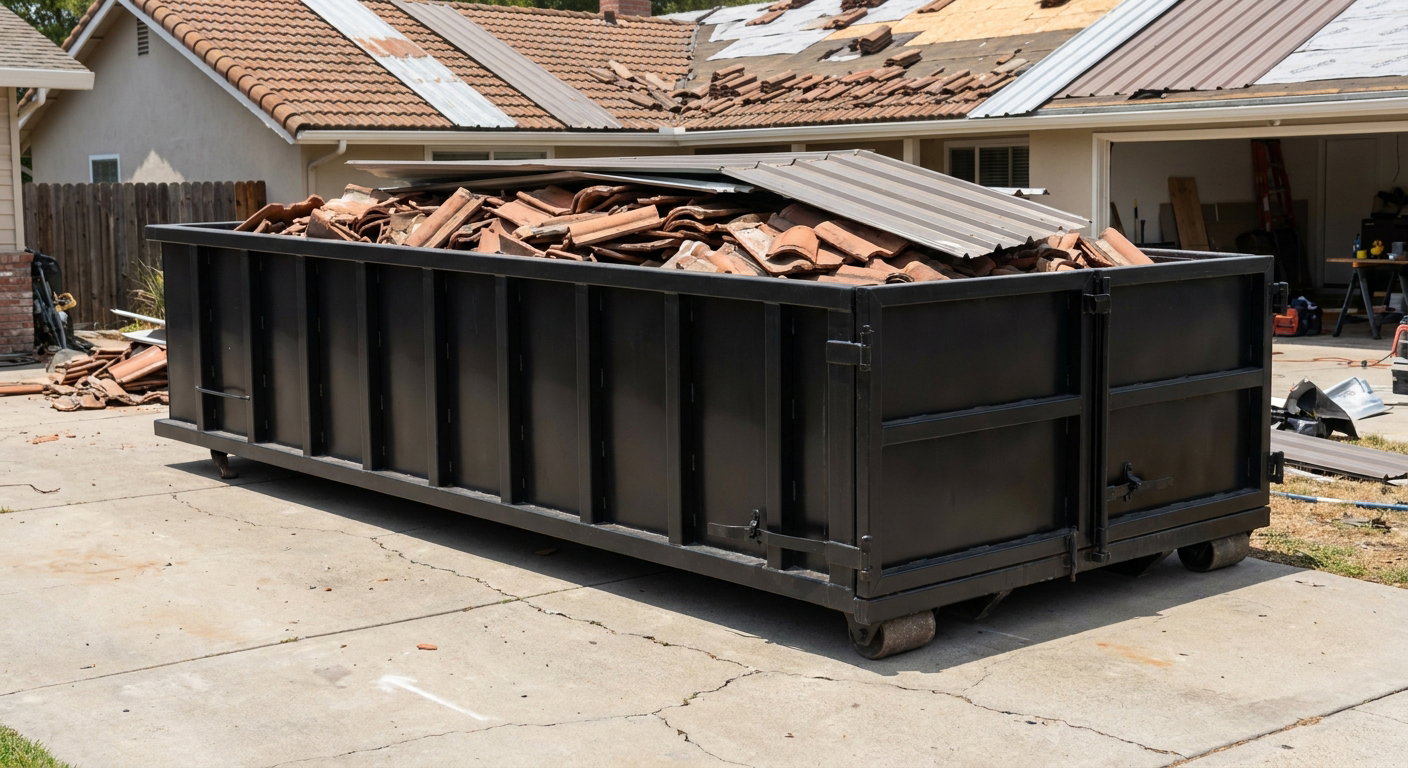 Matte-black low-wall heavy-debris roofing roll-off dumpster sitting directly on a Champaign concrete driveway, broken concrete clay roof tiles and metal panel sections loaded inside, reinforced ribbed steel side walls visible, bright outdoor daylight.