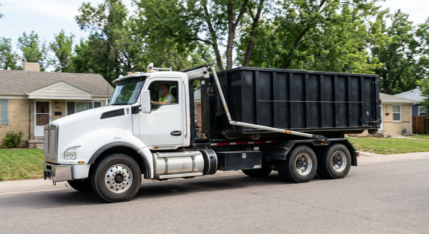 A wide documentary shot of a matte-black roll-off delivery truck pulling onto a quiet Champaign residential street at mid-morning, with neighborhood rooftops and tree-lined blocks visible behind, showing the metro coverage footprint.