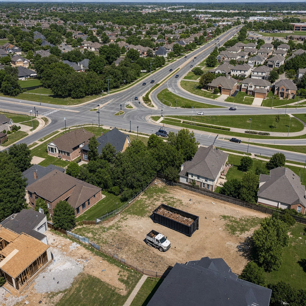 An overhead documentary view of the Champaign metro area at midday, showing the spread of neighborhoods, arterial roads, and the dispatch radius from a central yard — clean daylight, organized geographic layout.