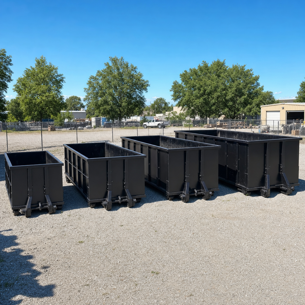 A clean lineup of matte-black roll-off dumpsters in 10, 20, 30, and 40-yard sizes staged on a sunlit gravel yard in Champaign, showing the size progression from compact to commercial-scale containers.