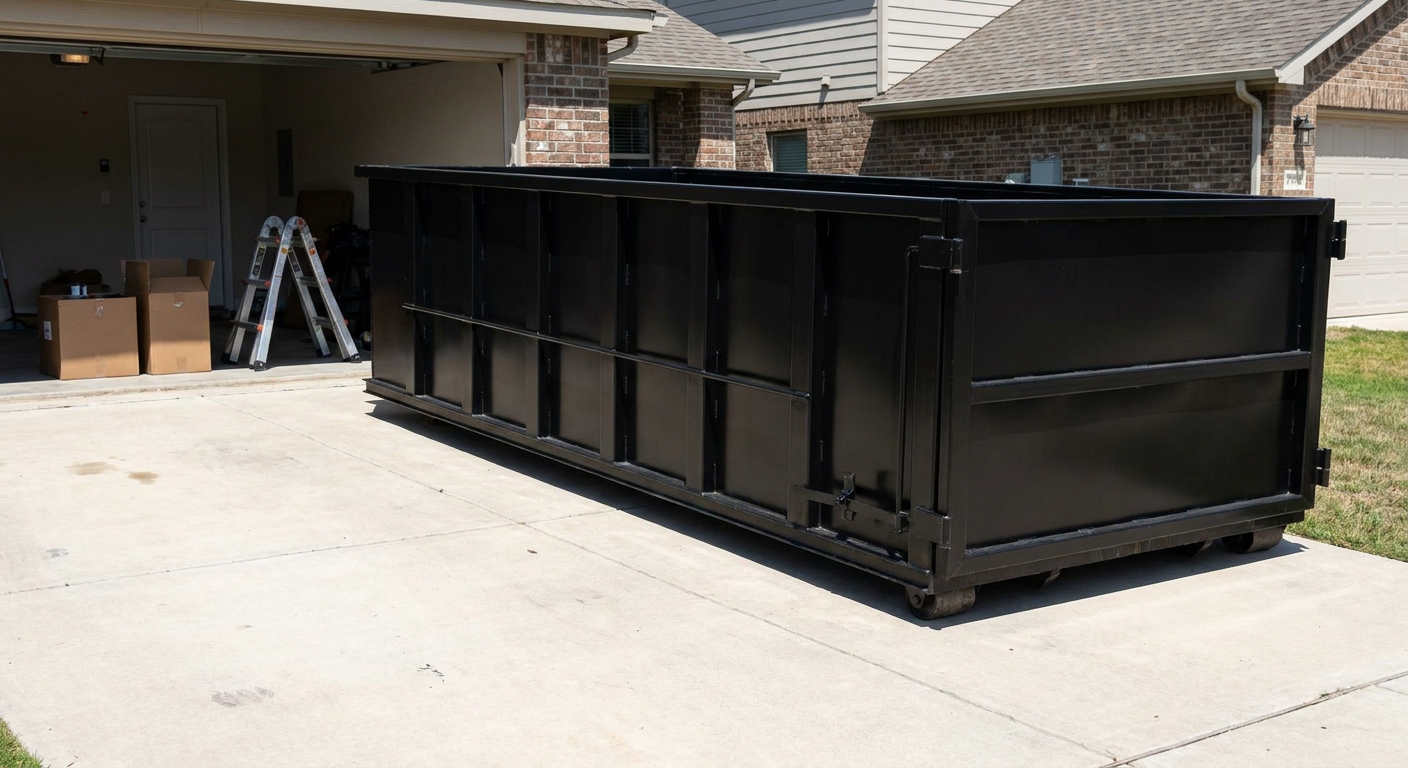 A matte-black 10-yard roll-off dumpster sitting directly on a residential Champaign concrete driveway, mid-day sunlight, clean and ready for a garage cleanout.