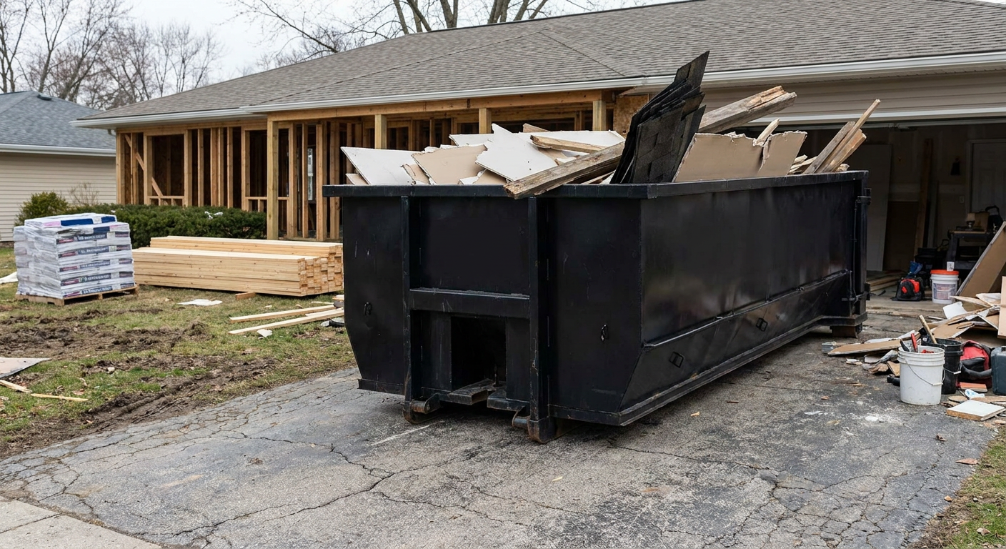 A matte-black 20-yard roll-off dumpster placed alongside a mid-renovation Champaign home directly on the asphalt driveway, with framing materials and torn-off shingles staged neatly nearby.