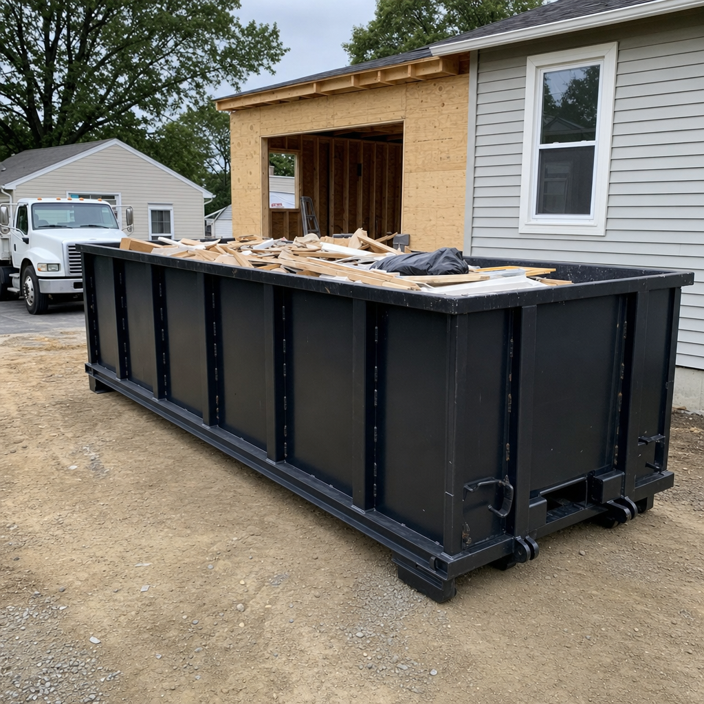 A matte-black 30-yard roll-off dumpster positioned at a Champaign residential addition jobsite, with framing lumber and drywall scraps loaded through the open swinging rear doors.