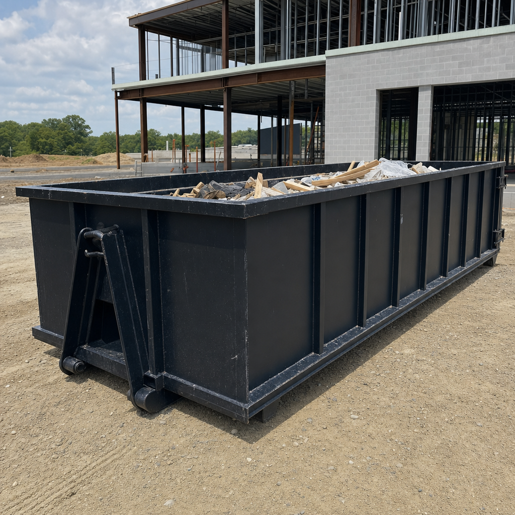 A matte-black 40-yard roll-off dumpster staged on a large Champaign commercial construction lot, with a hooklift delivery truck parked alongside under bright midday sky.