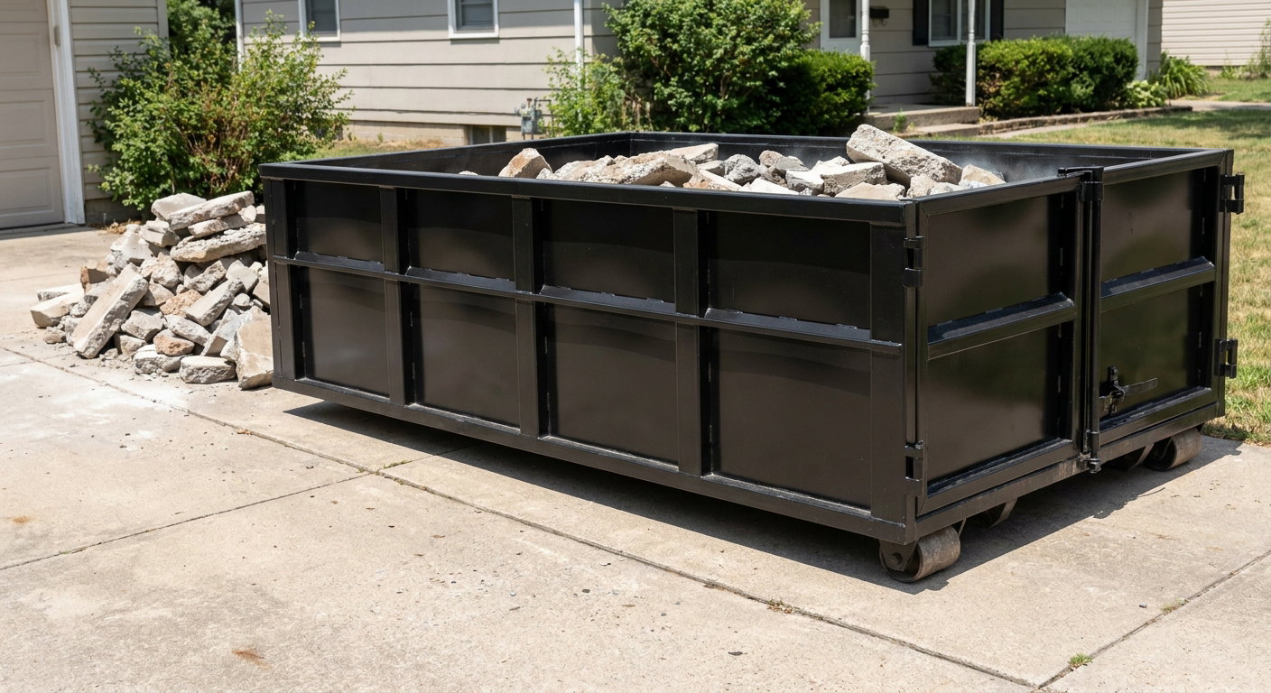 A matte-black low-side heavy-debris roll-off dumpster placed directly on a Champaign concrete driveway, with broken concrete chunks neatly stacked beside it under clean daylight.